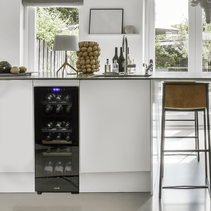 Baridi 18 Bottle Dual Zone Wine Cooler with touch controls, wooden shelves, and LED lighting.