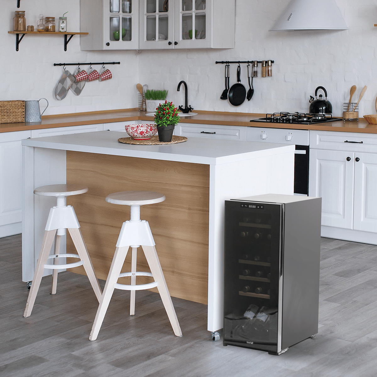 Baridi 18 Bottle Dual Zone Wine Cooler with touch controls, wooden shelves, and LED lighting.