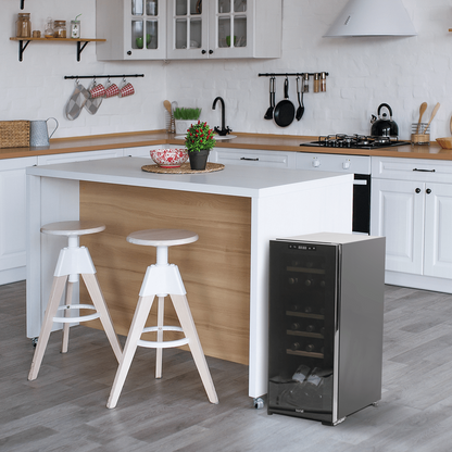 Baridi 18 Bottle Dual Zone Wine Cooler with touch controls, wooden shelves, and LED lighting.