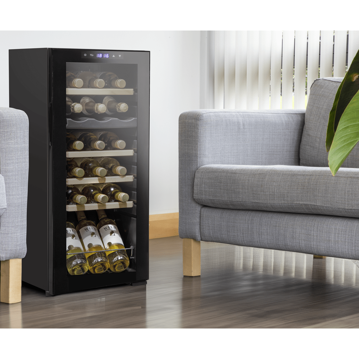 Dual zone wine cooler with touch controls, wooden shelves, and LED lighting. Sleek glass door design.