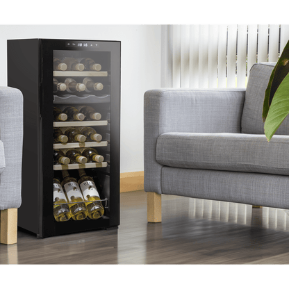 Dual zone wine cooler with touch controls, wooden shelves, and LED lighting. Sleek glass door design.