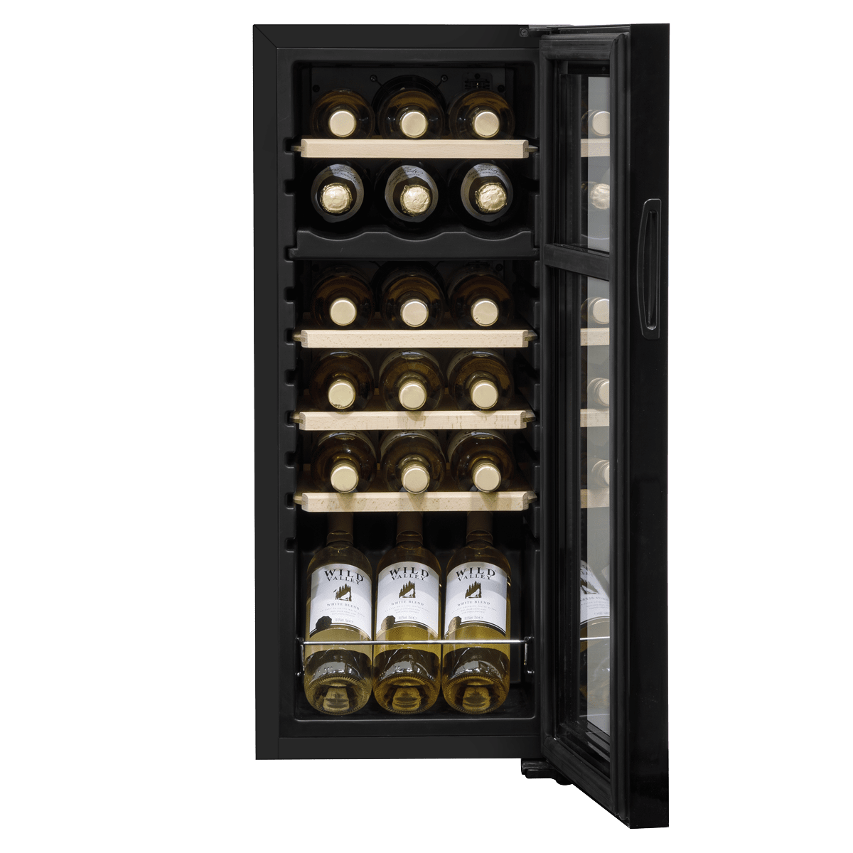 Baridi 18 Bottle Dual Zone Wine Cooler with glass door, wooden shelves, and touch controls.