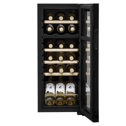 Baridi 18 Bottle Dual Zone Wine Cooler with glass door, wooden shelves, and touch controls.