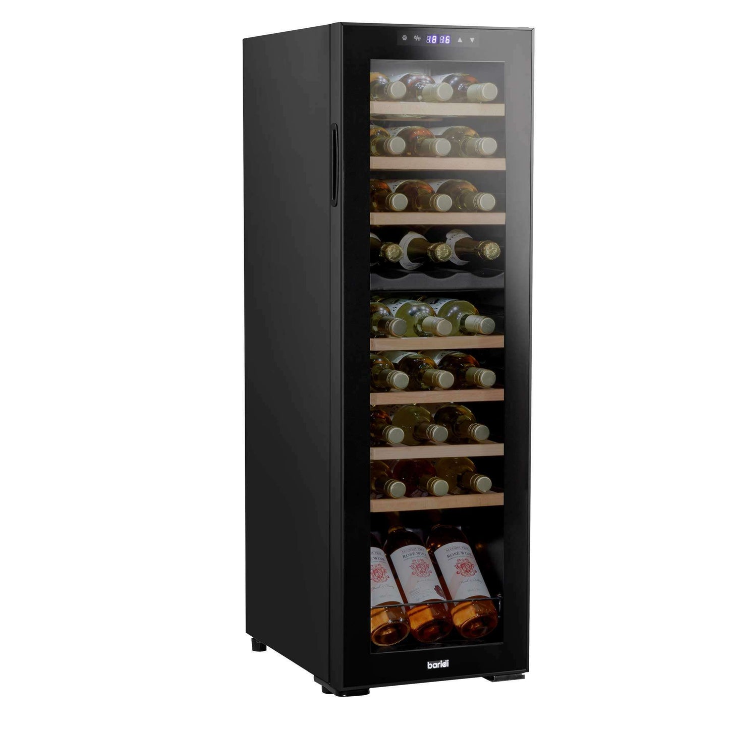 Baridi 27 Bottle Dual Zone Wine Cooler with touch controls, wooden shelves, and LED lighting.