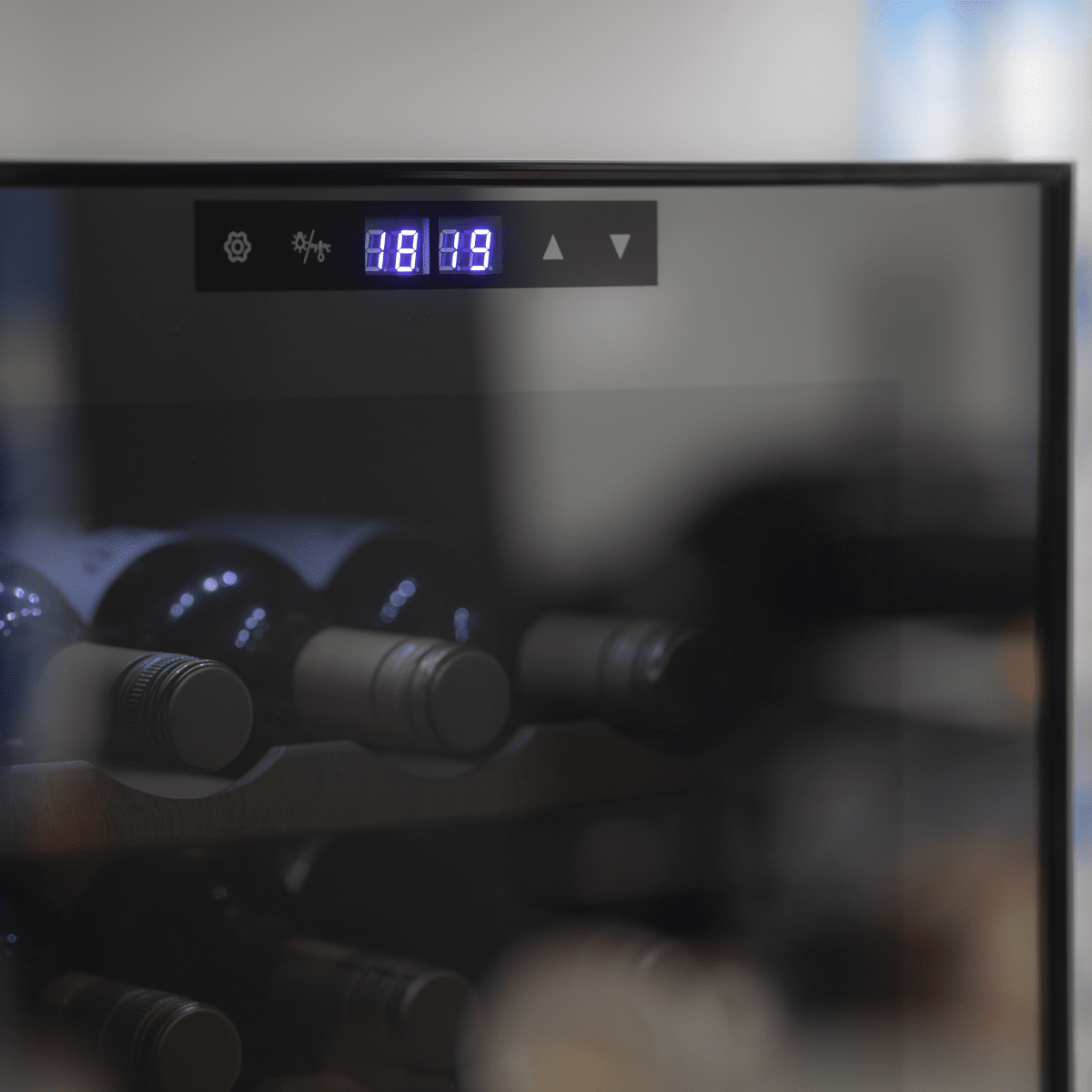 Baridi 27 Bottle Wine Cooler with dual zones, wooden shelves, touch controls, and LED lighting.