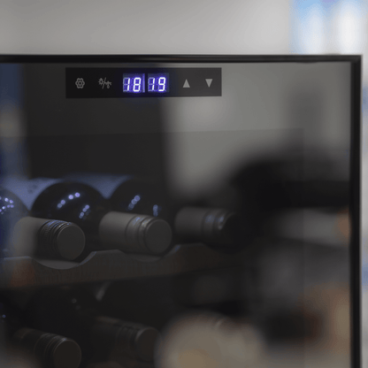 Baridi 27 Bottle Wine Cooler with dual zones, wooden shelves, touch controls, and LED lighting.