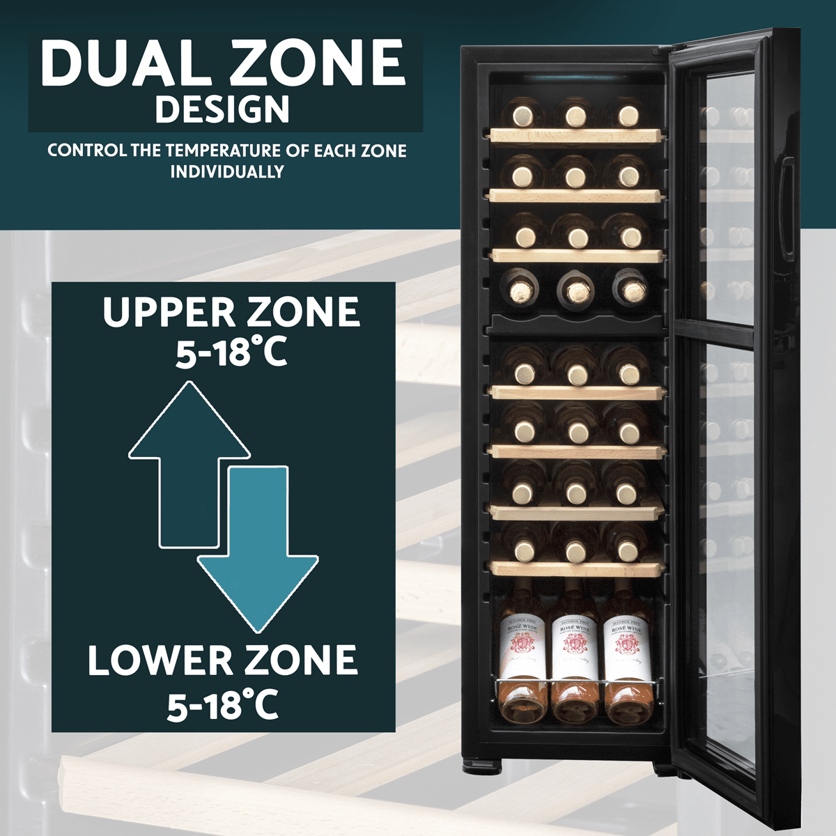 Baridi dual zone wine cooler with tempered glass door, wooden shelves, and touch screen controls.