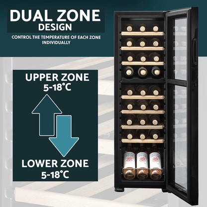 Baridi dual zone wine cooler with tempered glass door, wooden shelves, and touch screen controls.
