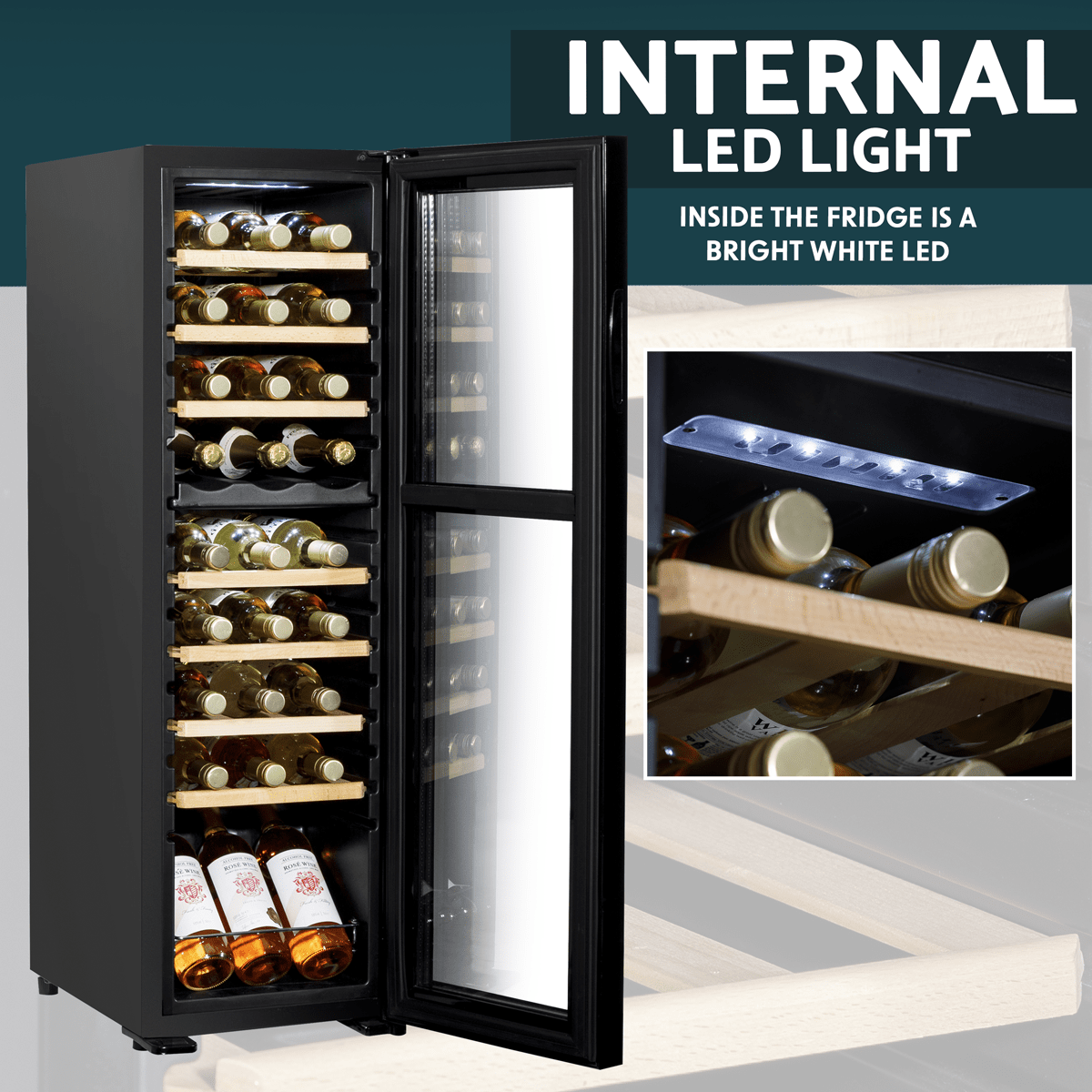 Baridi 27 Bottle Dual Zone Wine Cooler with touch controls, wooden shelves, and LED lighting.