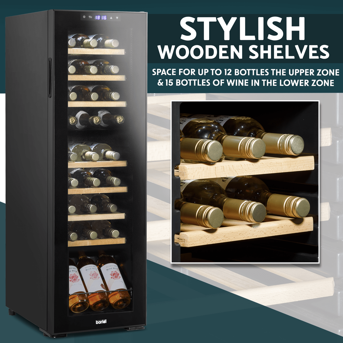 Baridi 27 Bottle Dual Zone Wine Cooler with touch controls, wooden shelves, and LED lighting.