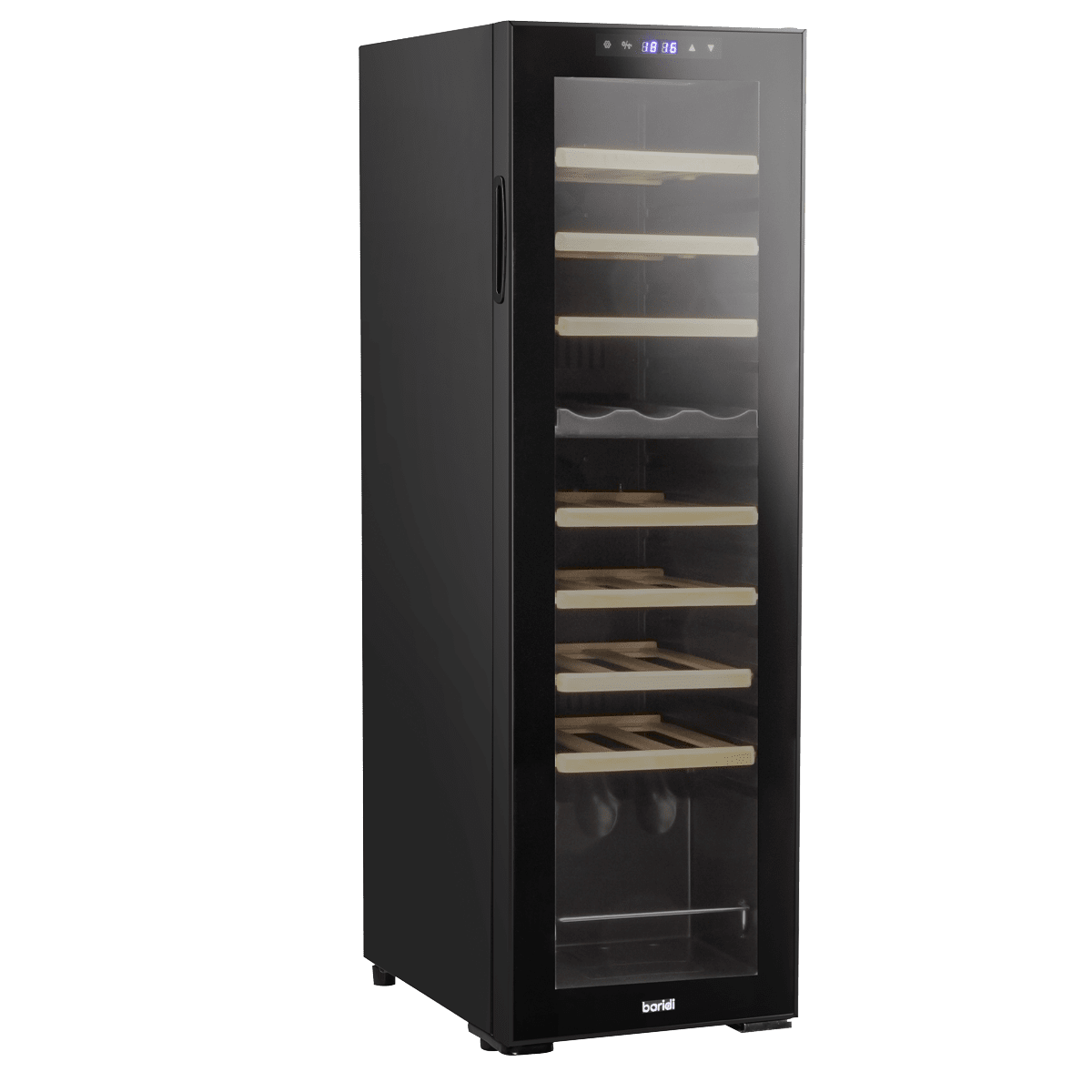 Baridi 27 Bottle Dual Zone Wine Cooler with touch controls, wooden shelves, and LED lighting.