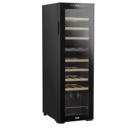 Baridi 27 Bottle Dual Zone Wine Cooler with touch controls, wooden shelves, and LED lighting.