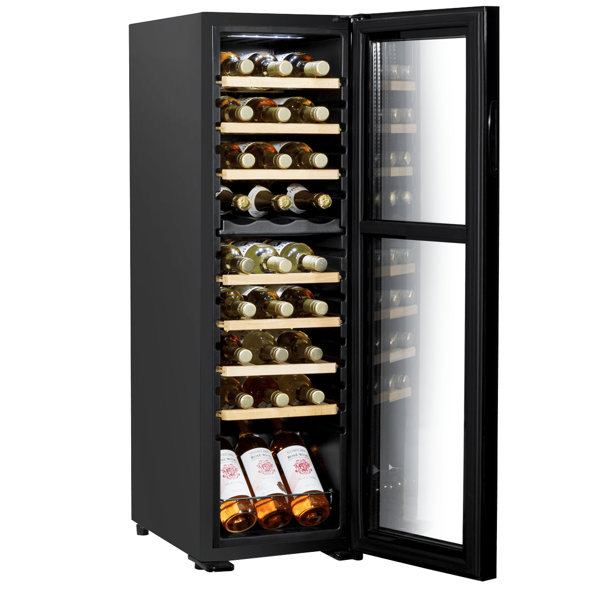 Baridi 27 Bottle Dual Zone Wine Cooler with touch controls, wooden shelves, and LED lighting.