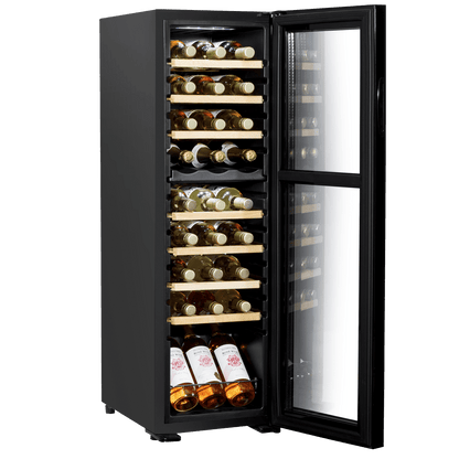 Baridi 27 Bottle Dual Zone Wine Cooler with touch controls, wooden shelves, and LED lighting.