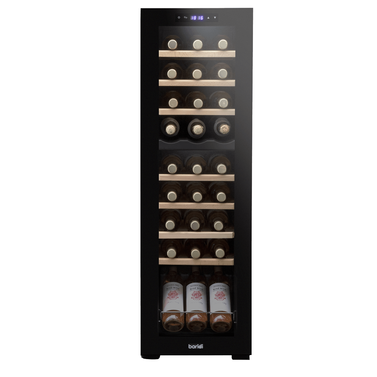 Baridi dual zone wine cooler with mirrored door, wooden shelves, and touch controls.