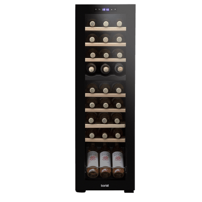 Baridi dual zone wine cooler with mirrored door, wooden shelves, and touch controls.