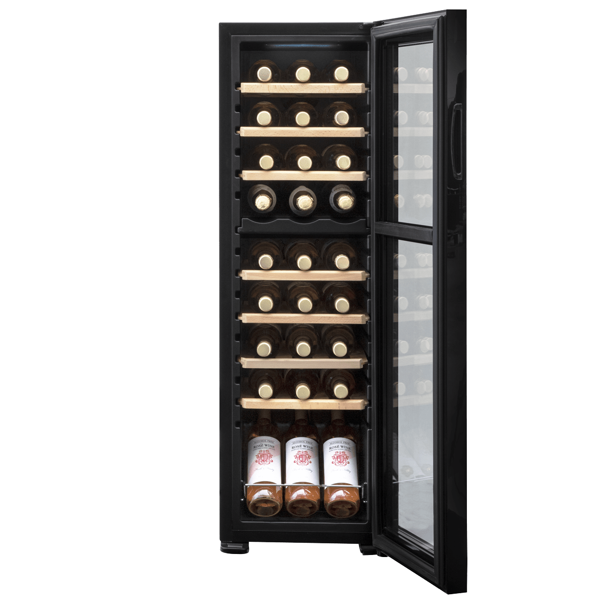 Baridi 27 Bottle Dual Zone Wine Cooler with touch controls, wooden shelves, and LED lighting.