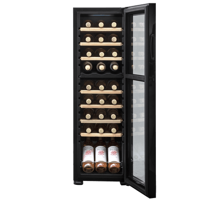 Baridi 27 Bottle Dual Zone Wine Cooler with touch controls, wooden shelves, and LED lighting.