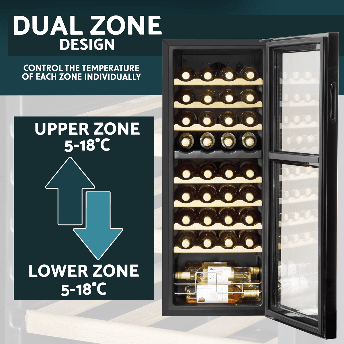 Baridi wine cooler with dual zones, wooden shelves, LED lighting, and mirrored glass door.