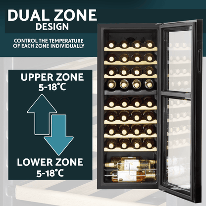 Baridi wine cooler with dual zones, wooden shelves, LED lighting, and mirrored glass door.