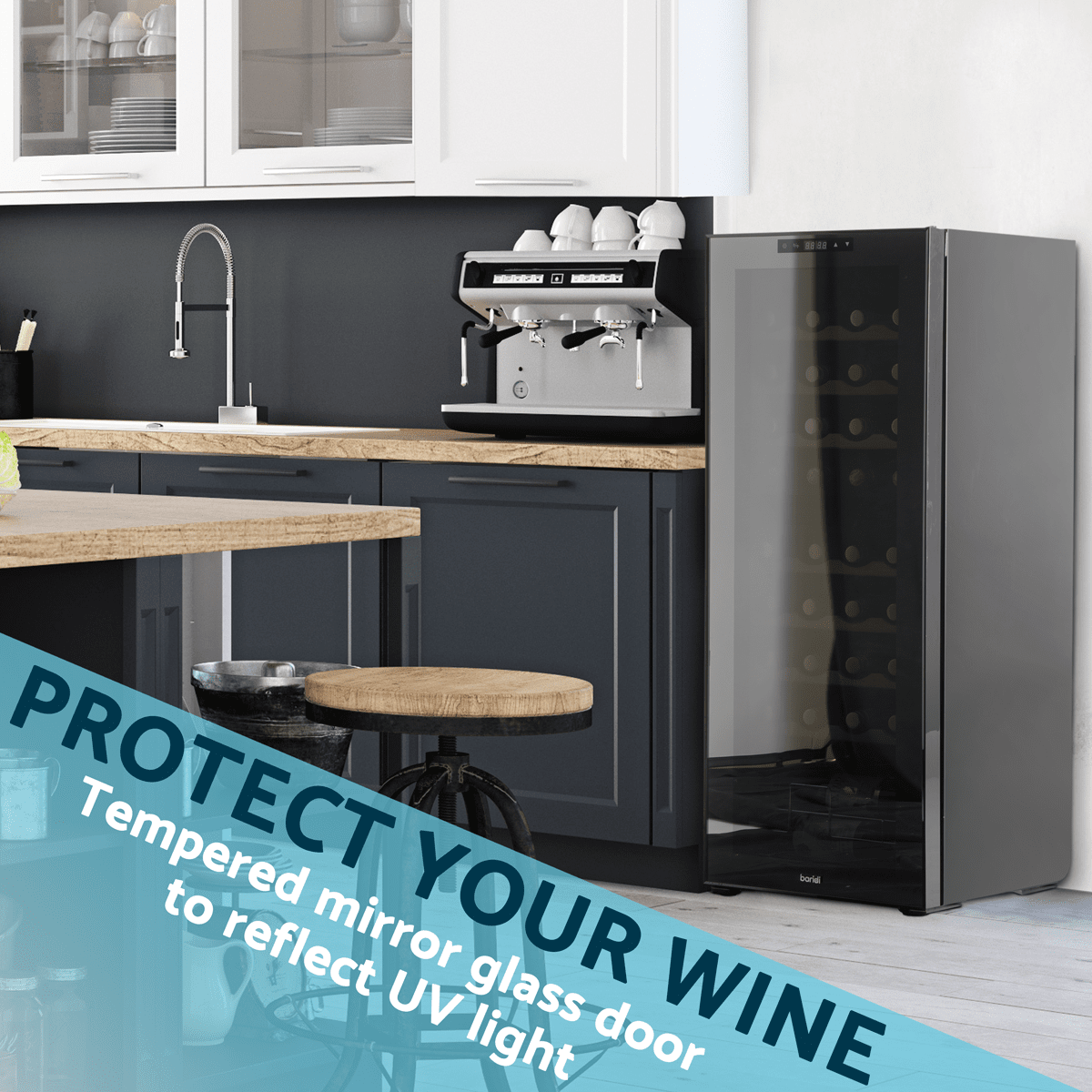 Baridi 36 Bottle Dual Zone Wine Cooler with glass door, wooden shelves, and touch controls.
