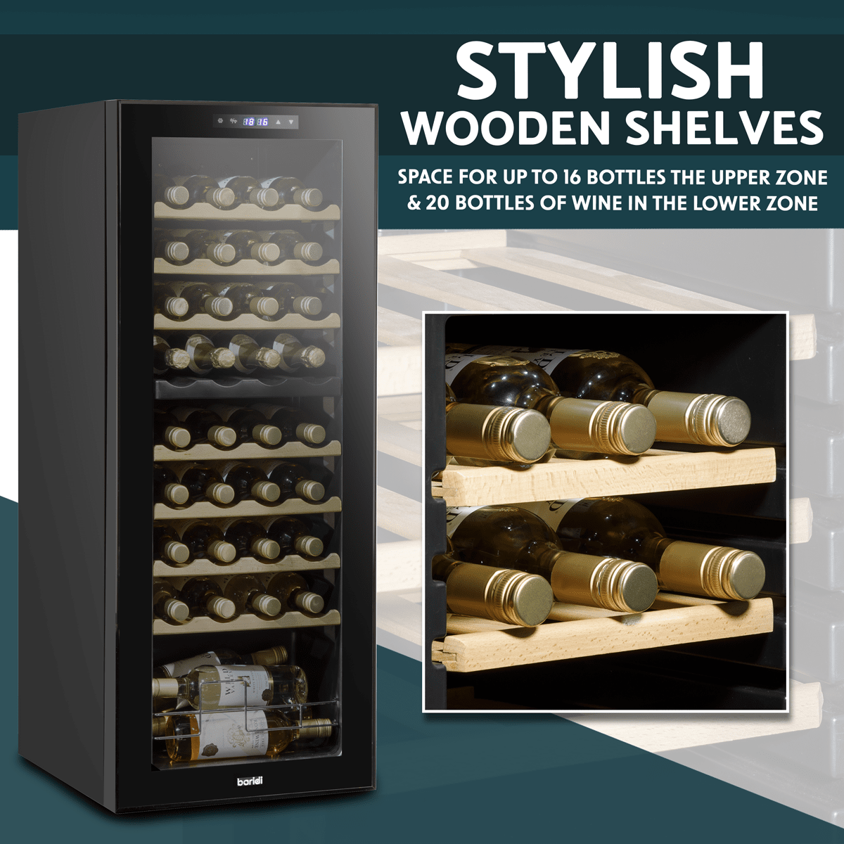 Sleek Baridi wine cooler with dual zones, wooden shelves, and LED lighting, holding 36 bottles.