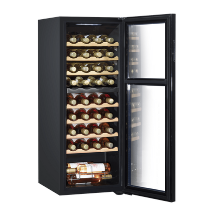 Baridi dual zone wine cooler with mirrored door, touch controls, wooden shelves, and LED lighting.