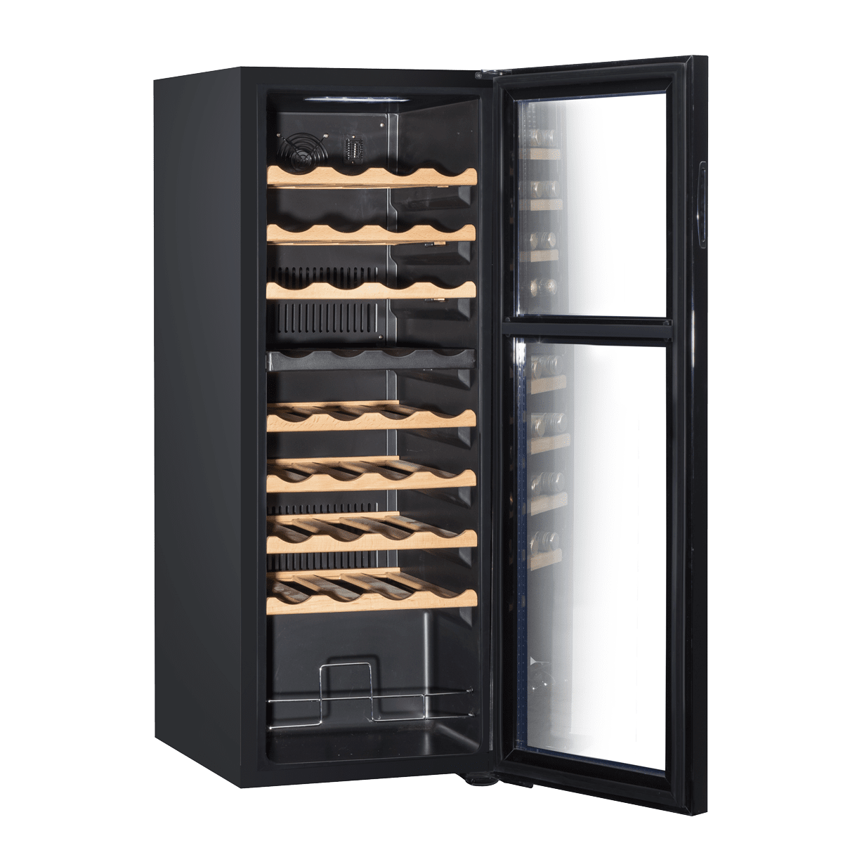 Baridi wine cooler with dual zones, wooden shelves, and LED lighting, holds 36 bottles.