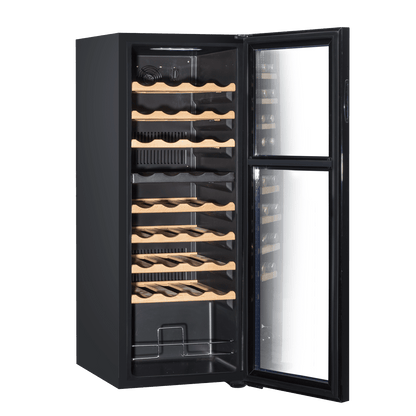 Baridi wine cooler with dual zones, wooden shelves, and LED lighting, holds 36 bottles.