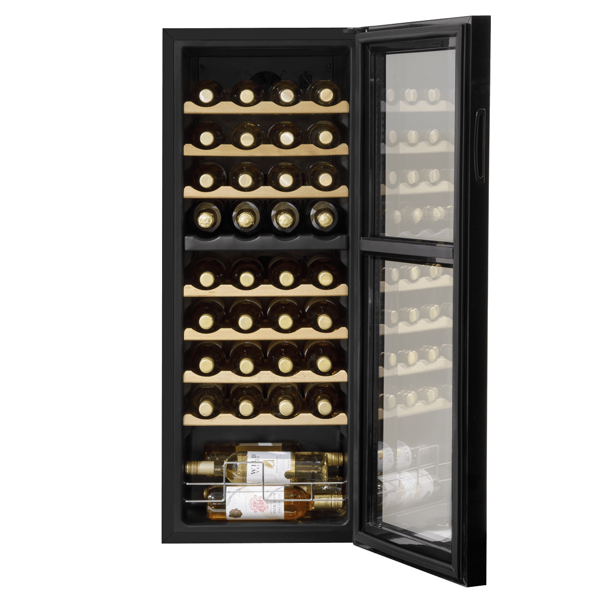 Baridi wine cooler with dual zones, wooden shelves, LED lighting, and mirror glass door.