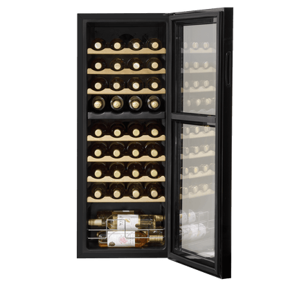 Baridi wine cooler with dual zones, wooden shelves, LED lighting, and mirror glass door.