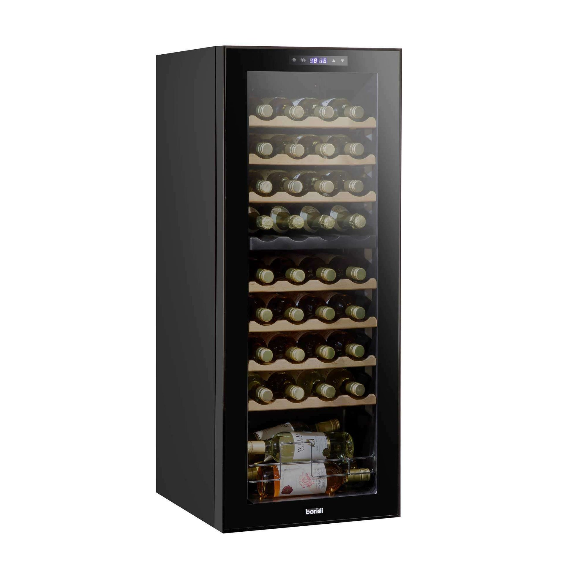 Baridi 36 Bottle Dual Zone Wine Cooler with touch controls, wooden shelves, and LED lighting.