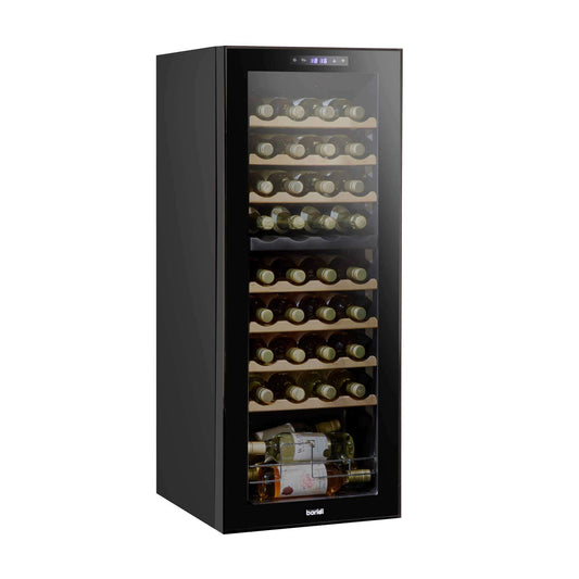Baridi 36 Bottle Dual Zone Wine Cooler with touch controls, wooden shelves, and LED lighting.