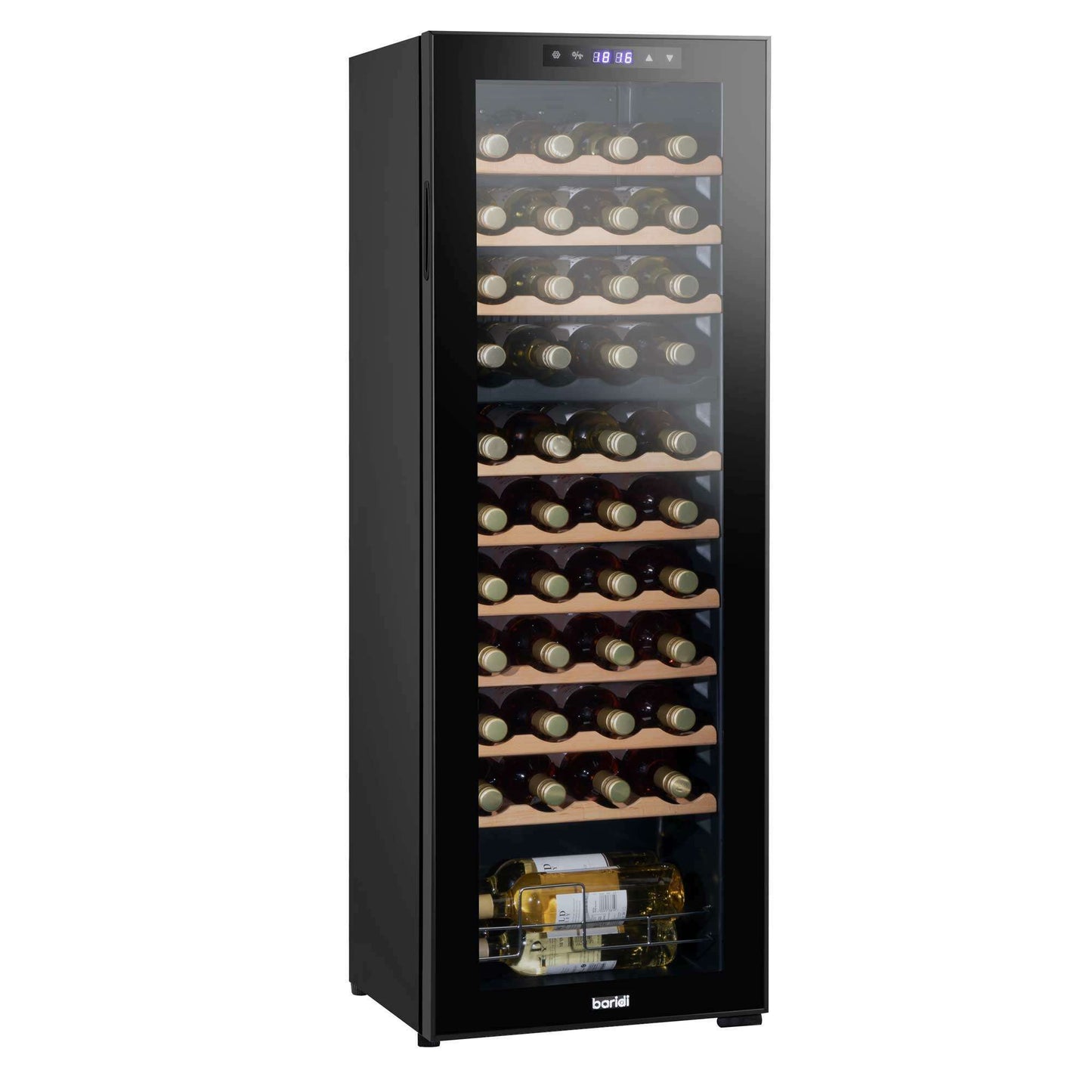Baridi 44 Bottle Dual Zone Wine Cooler with mirror glass door and wooden shelves, touch controls.
