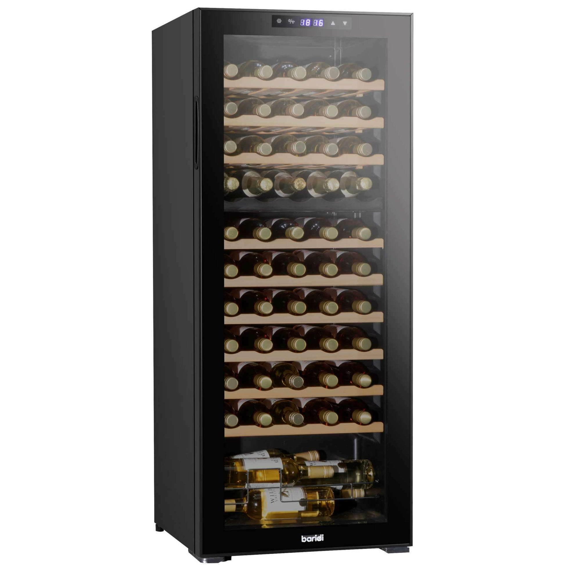 Baridi 55 Bottle Wine Cooler with dual zones, touch controls, and wooden shelves.