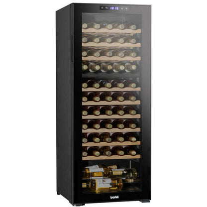 Baridi 55-bottle dual zone wine cooler with touch controls, wooden shelves, and LED lighting.