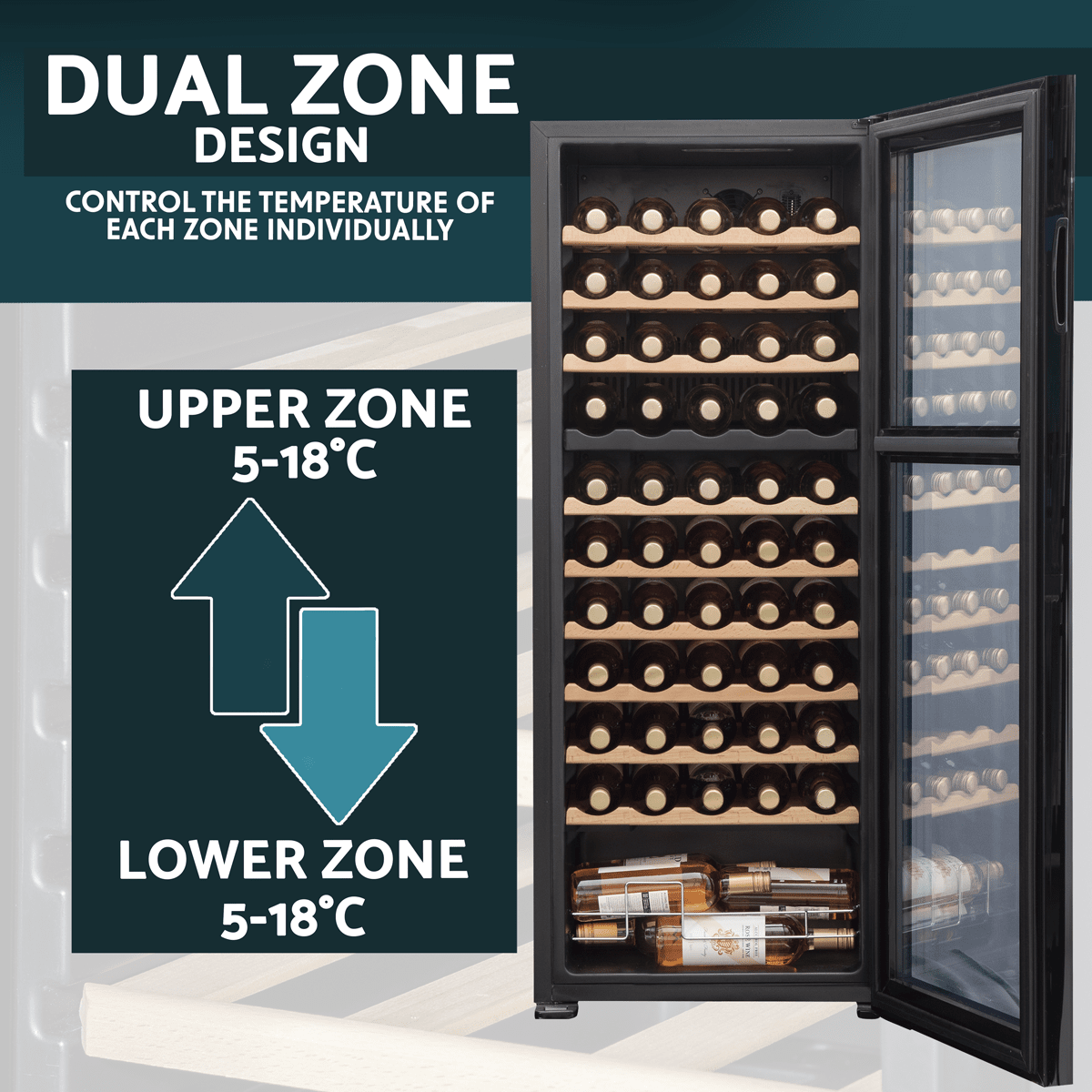 Baridi 55 Bottle Dual Zone Wine Cooler with glass door, touch controls, and wooden shelves.