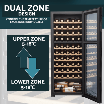 Baridi 55 Bottle Dual Zone Wine Cooler with glass door, touch controls, and wooden shelves.