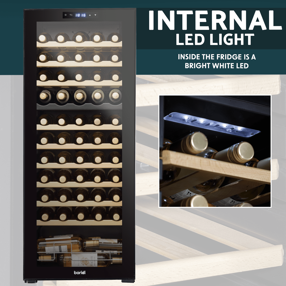 Baridi 55-bottle wine cooler with dual zones, wooden shelves, and a sleek mirrored glass door.