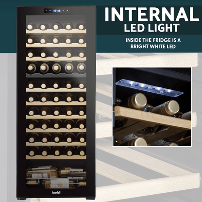 Baridi 55-bottle wine cooler with dual zones, wooden shelves, and a sleek mirrored glass door.