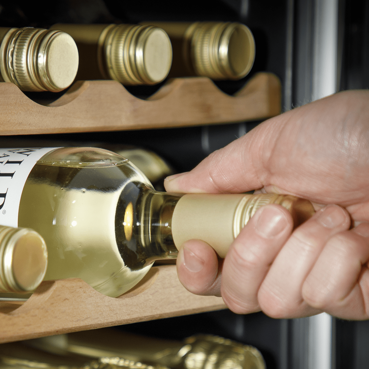 Baridi 55 Bottle Dual Zone Wine Cooler with mirrored glass door, wooden shelves, and LED lighting.