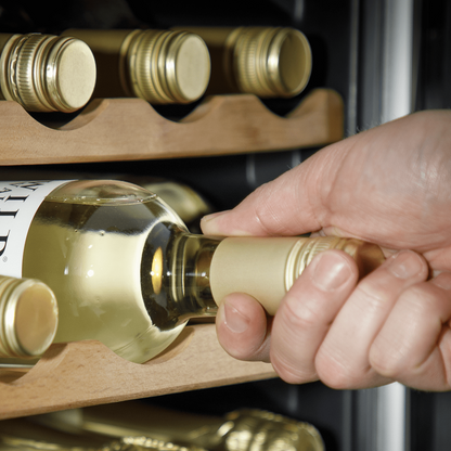 Baridi 55 Bottle Dual Zone Wine Cooler with mirrored glass door, wooden shelves, and LED lighting.
