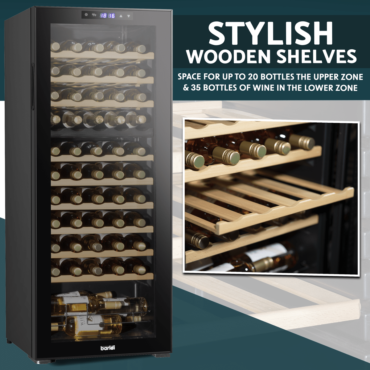 Baridi 55 Bottle Wine Cooler with dual zones, touch controls, wooden shelves, and LED lighting.