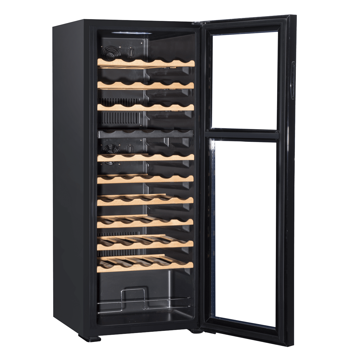 Baridi 55 Bottle Dual Zone Wine Cooler with mirror glass door, wooden shelves, and touch controls.