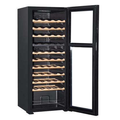 Baridi 55 Bottle Dual Zone Wine Cooler with mirror glass door, wooden shelves, and touch controls.