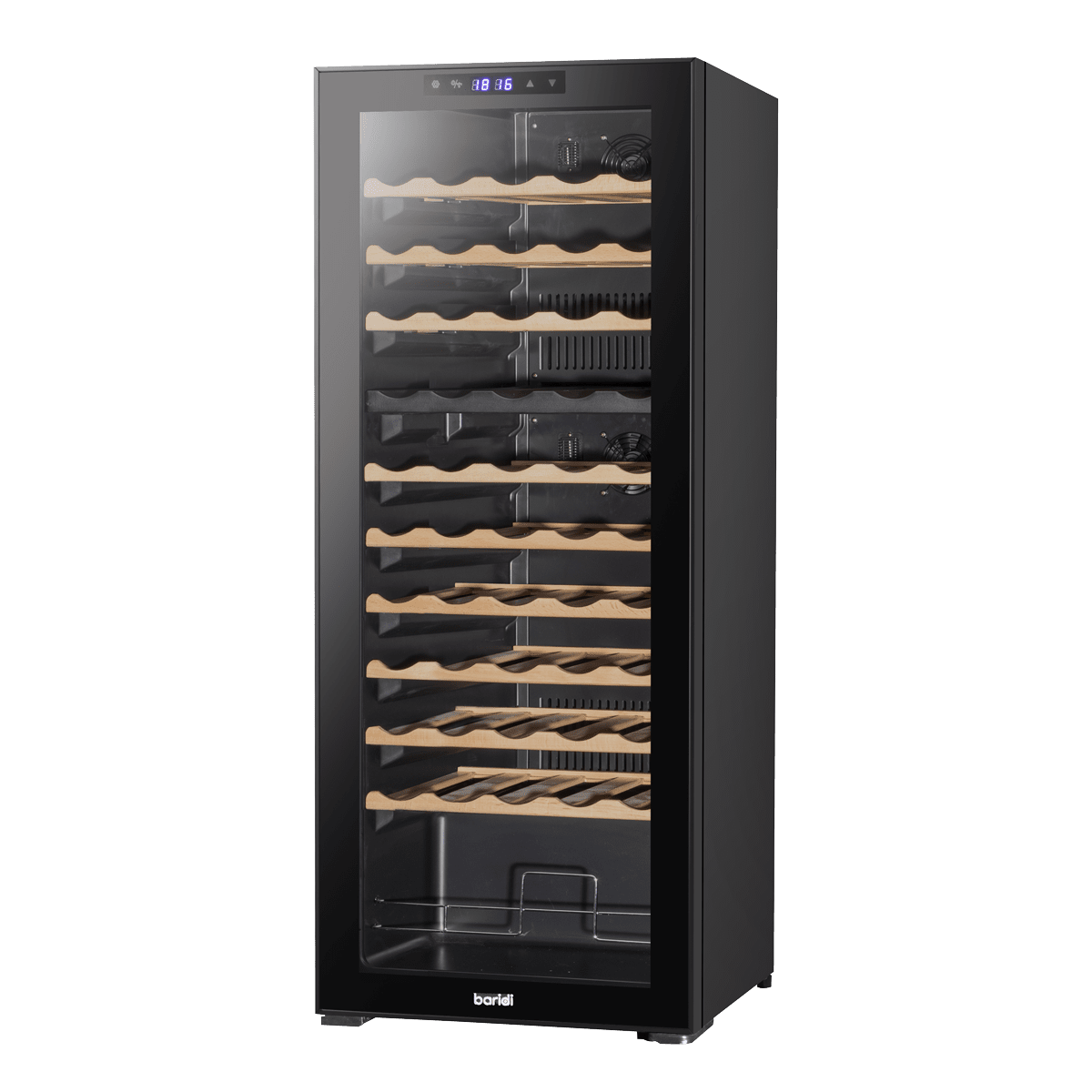 Baridi dual zone wine cooler with glass door, wooden shelves, and touch controls for 55 bottles.