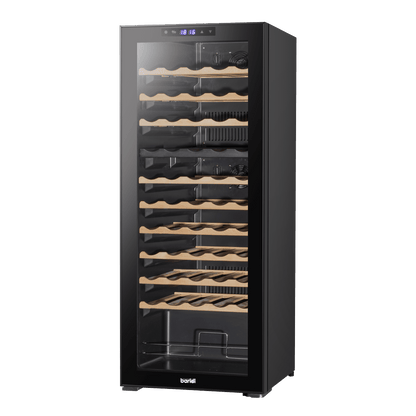 Baridi dual zone wine cooler with glass door, wooden shelves, and touch controls for 55 bottles.