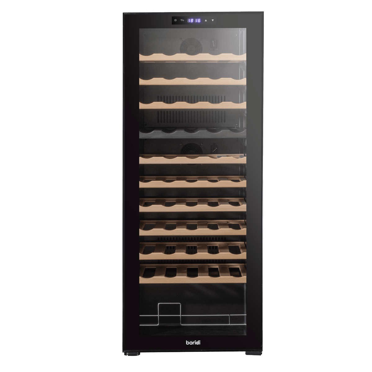 Baridi 55 Bottle Wine Cooler with dual zones, touch controls, wooden shelves, and LED lighting.