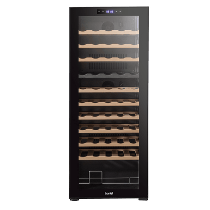 Baridi 55 Bottle Wine Cooler with dual zones, touch controls, wooden shelves, and LED lighting.