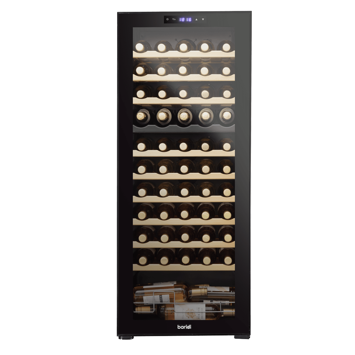 Sleek Baridi wine cooler with dual zones, tempered glass door, and wooden shelves for 55 bottles.